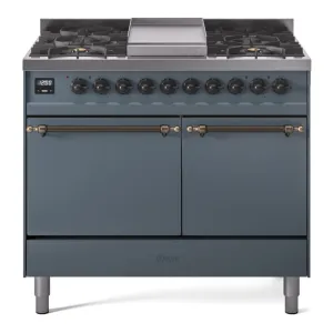 Ilve UPD40FQNMPBGB Nostalgie Ii 40 Inch Dual Fuel Natural Gas Freestanding Range In Blue Grey With Bronze Trim