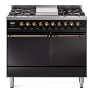 Ilve UPD40FQNMPBKB Nostalgie Ii 40 Inch Dual Fuel Natural Gas Freestanding Range In Glossy Black With Bronze Trim