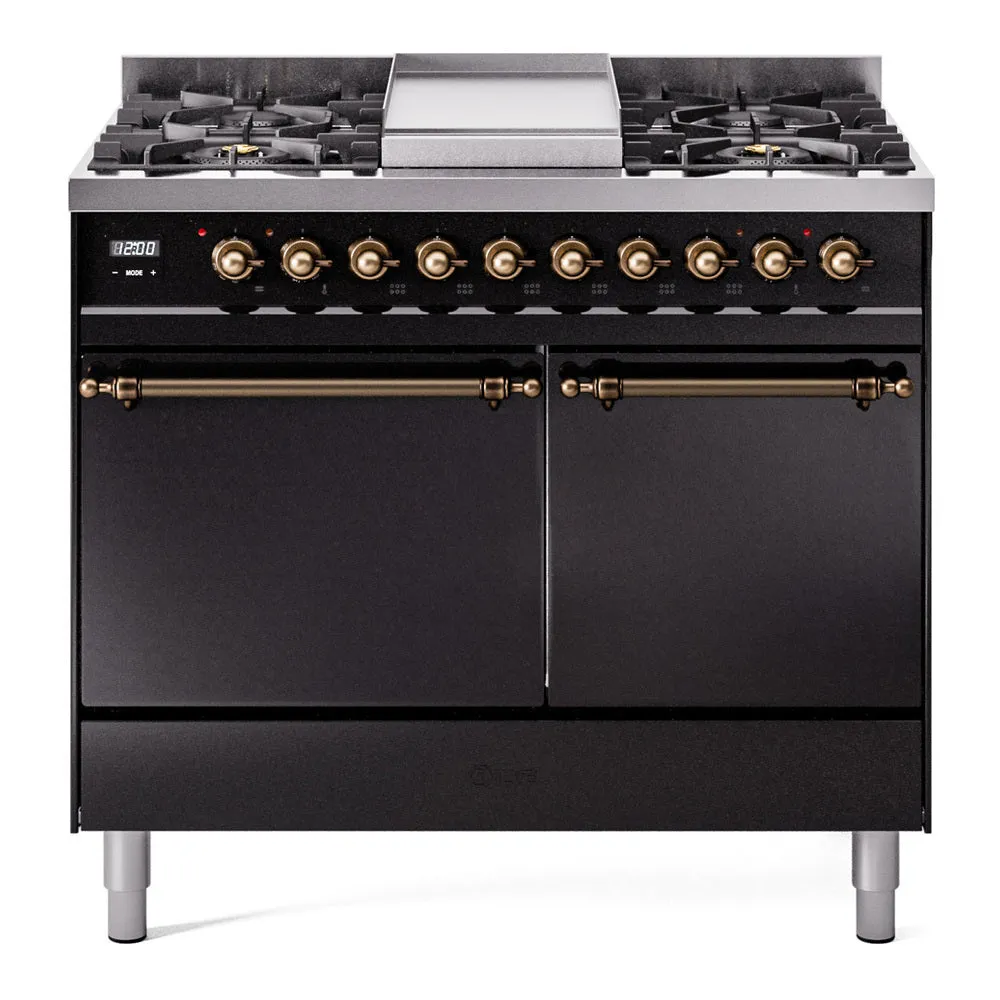 Ilve UPD40FQNMPBKB Nostalgie Ii 40 Inch Dual Fuel Natural Gas Freestanding Range In Glossy Black With Bronze Trim