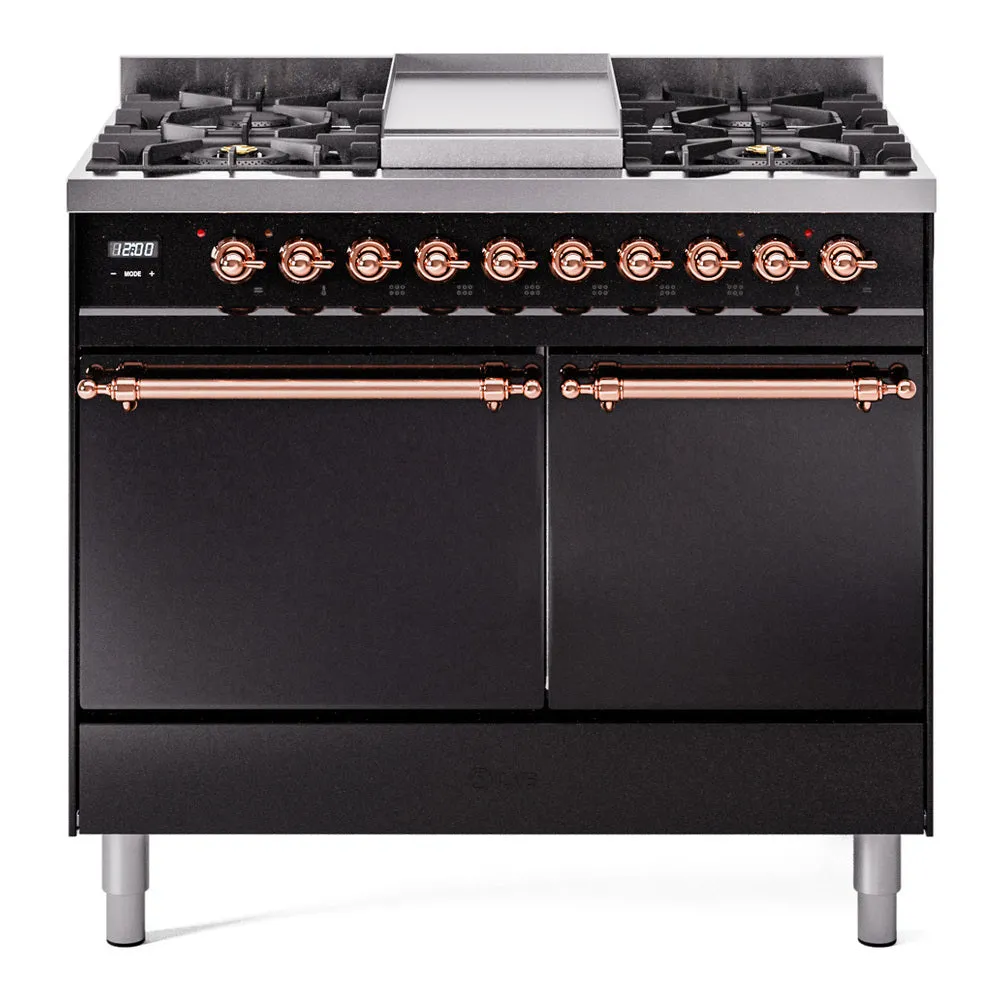 Ilve UPD40FQNMPBKPLP Nostalgie Ii 40 Inch Dual Fuel Liquid Propane Freestanding Range In Glossy Black With Copper Trim