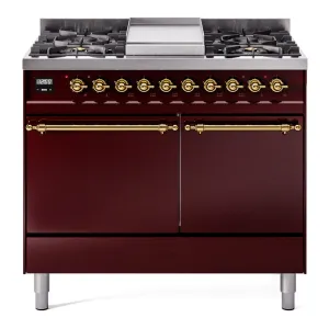 Ilve UPD40FQNMPBUG Nostalgie Ii 40 Inch Dual Fuel Natural Gas Freestanding Range In Burgundy With Brass Trim