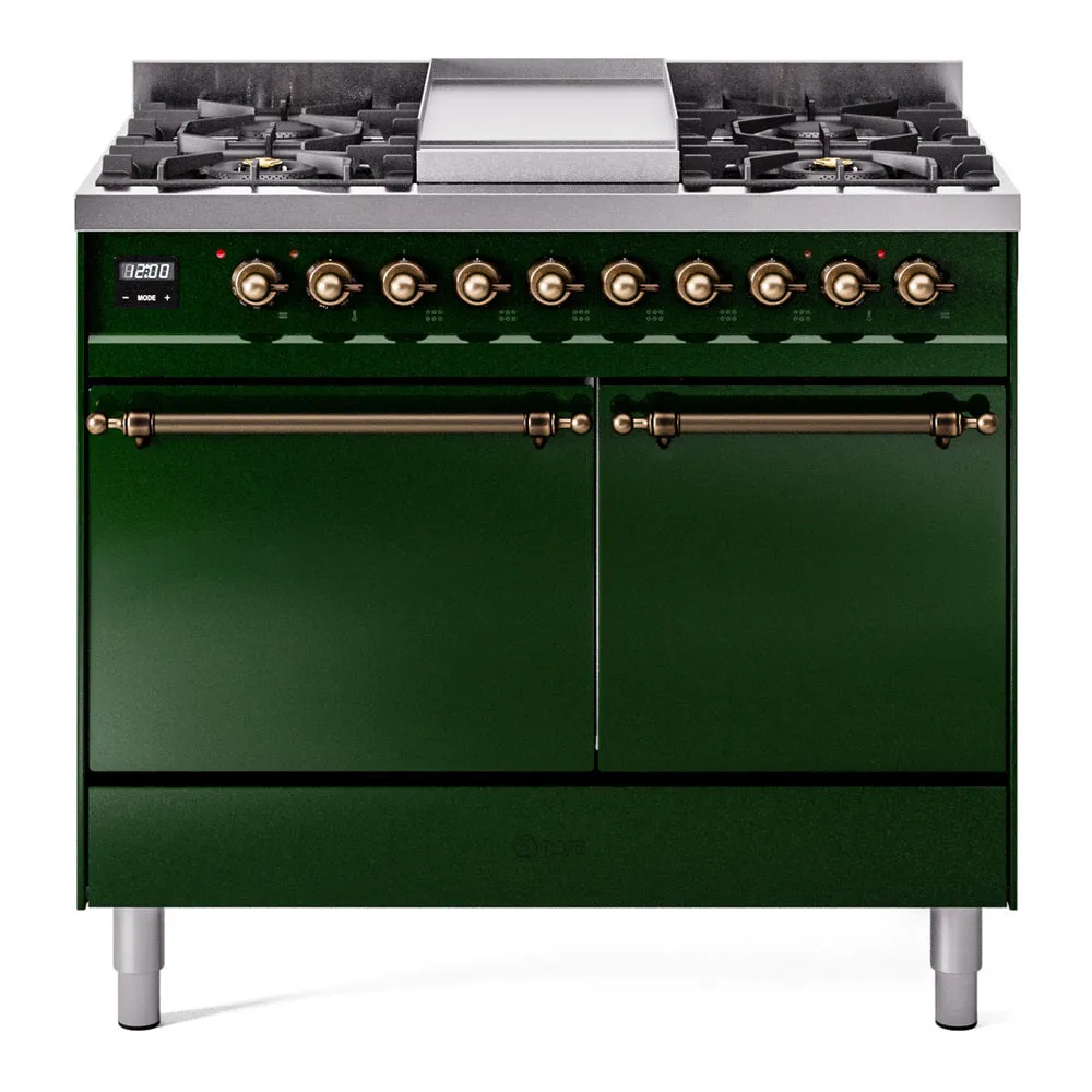 Ilve UPD40FQNMPEGB Nostalgie Ii 40 Inch Dual Fuel Natural Gas Freestanding Range In Emerald Green With Bronze Trim