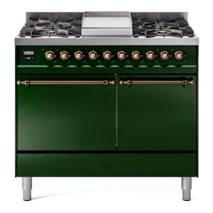 Ilve UPD40FQNMPEGB Nostalgie Ii 40 Inch Dual Fuel Natural Gas Freestanding Range In Emerald Green With Bronze Trim