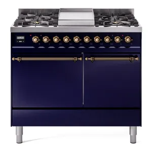 Ilve UPD40FQNMPMBB Nostalgie Ii 40 Inch Dual Fuel Natural Gas Freestanding Range In Blue With Bronze Trim
