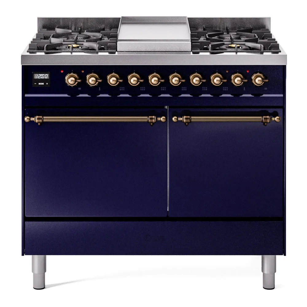 Ilve UPD40FQNMPMBB Nostalgie Ii 40 Inch Dual Fuel Natural Gas Freestanding Range In Blue With Bronze Trim