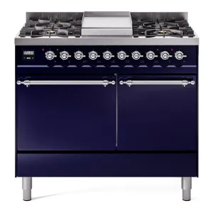 Ilve UPD40FQNMPMBCLP Nostalgie Ii 40 Inch Dual Fuel Liquid Propane Freestanding Range In Blue With Chrome Trim