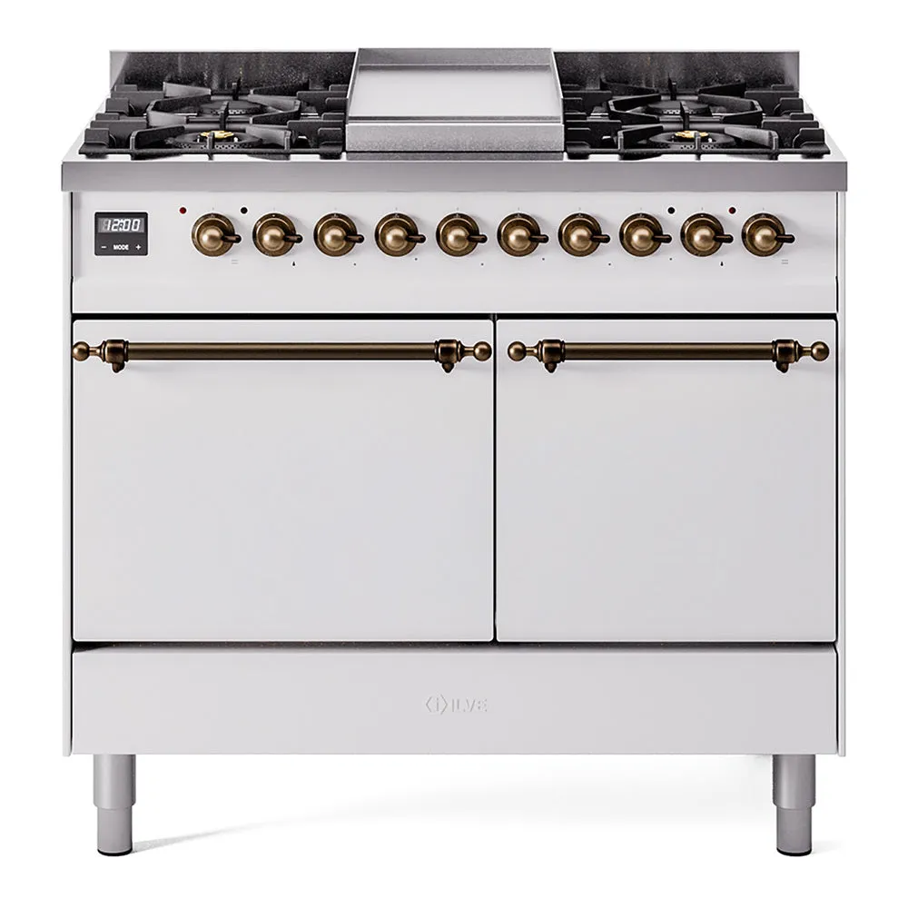 Ilve UPD40FQNMPWHB Nostalgie Ii 40 Inch Dual Fuel Natural Gas Freestanding Range In White With Bronze Trim