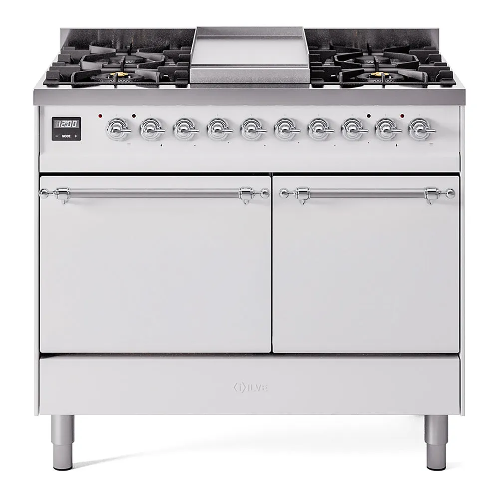 Ilve UPD40FQNMPWHCLP Nostalgie Ii 40 Inch Dual Fuel Liquid Propane Freestanding Range In White With Chrome Trim