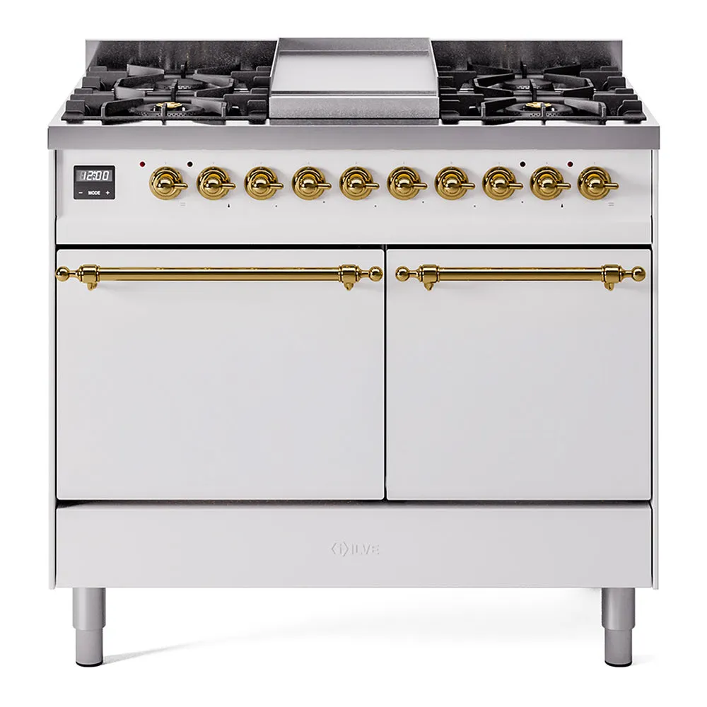 Ilve UPD40FQNMPWHGLP Nostalgie Ii 40 Inch Dual Fuel Liquid Propane Freestanding Range In White With Brass Trim