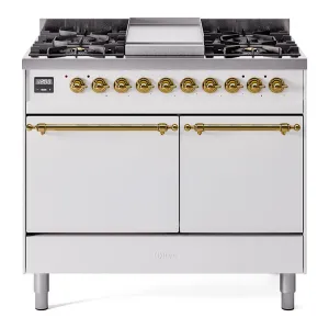 Ilve UPD40FQNMPWHGLP Nostalgie Ii 40 Inch Dual Fuel Liquid Propane Freestanding Range In White With Brass Trim