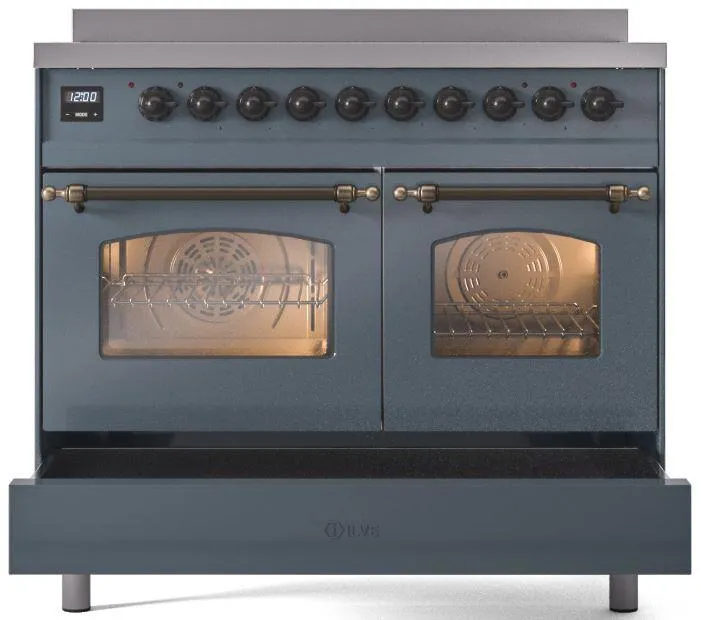 Ilve UPDI406NMPBGB Nostalgie Ii 40 Inch Electric Freestanding Range In Blue Grey With Bronze Trim