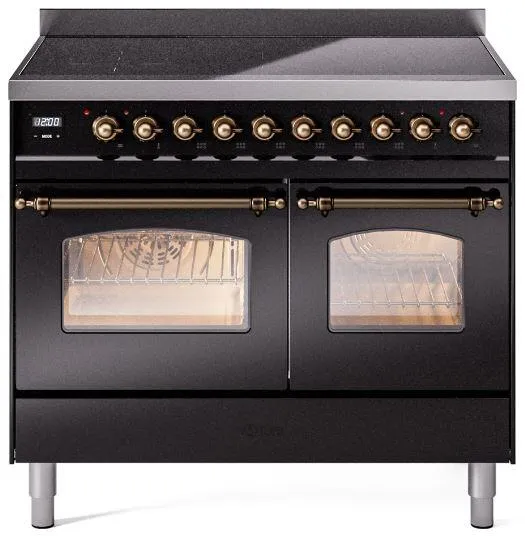 Ilve UPDI406NMPBKB Nostalgie Ii 40 Inch Electric Freestanding Range In Glossy Black With Bronze Trim