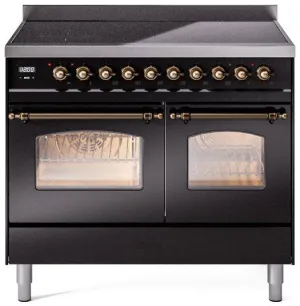 Ilve UPDI406NMPBKB Nostalgie Ii 40 Inch Electric Freestanding Range In Glossy Black With Bronze Trim
