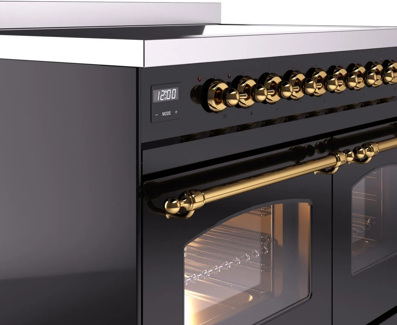 Ilve UPDI406NMPBKG Nostalgie Ii 40 Inch Electric Freestanding Range In Glossy Black With Brass Trim