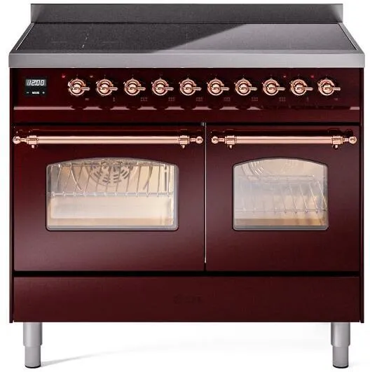 Ilve UPDI406NMPBUP Nostalgie Ii 40 Inch Electric Freestanding Range In Burgundy With Copper Trim