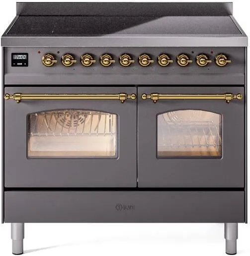 Ilve UPDI406NMPMGG Nostalgie Ii 40 Inch Electric Freestanding Range In Matte Graphite With Brass Trim