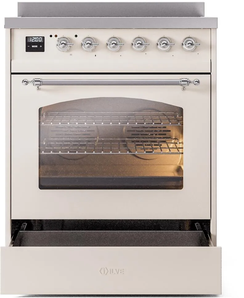 Ilve UPI304NMPAWC Nostalgie Ii 30 Inch Electric Freestanding Range In Antique White With Chrome Trim