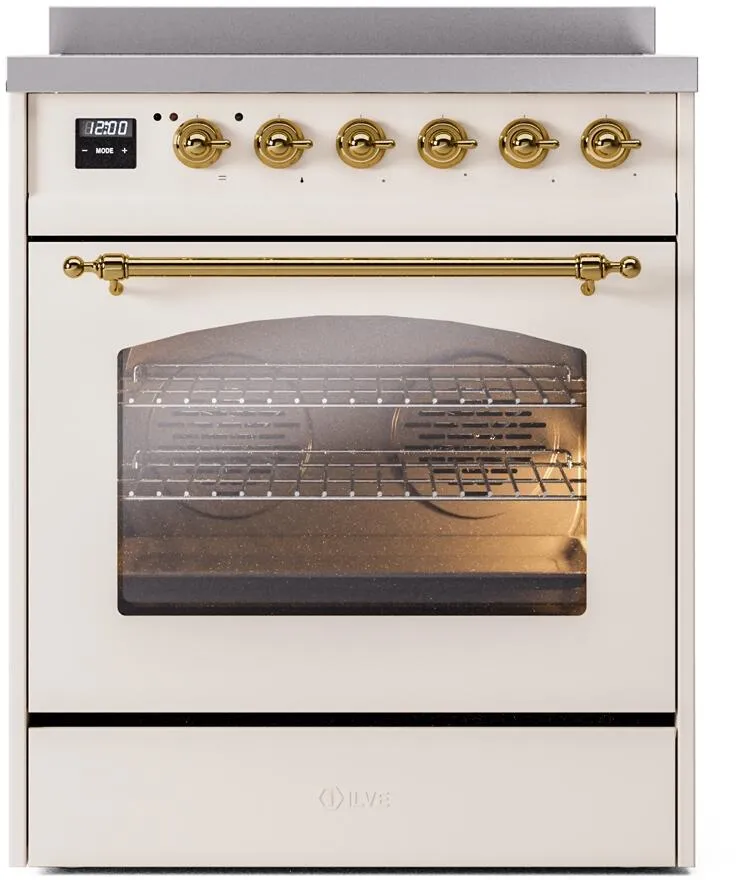 Ilve UPI304NMPAWG Nostalgie Ii 30 Inch Electric Freestanding Range In Antique White With Brass Trim