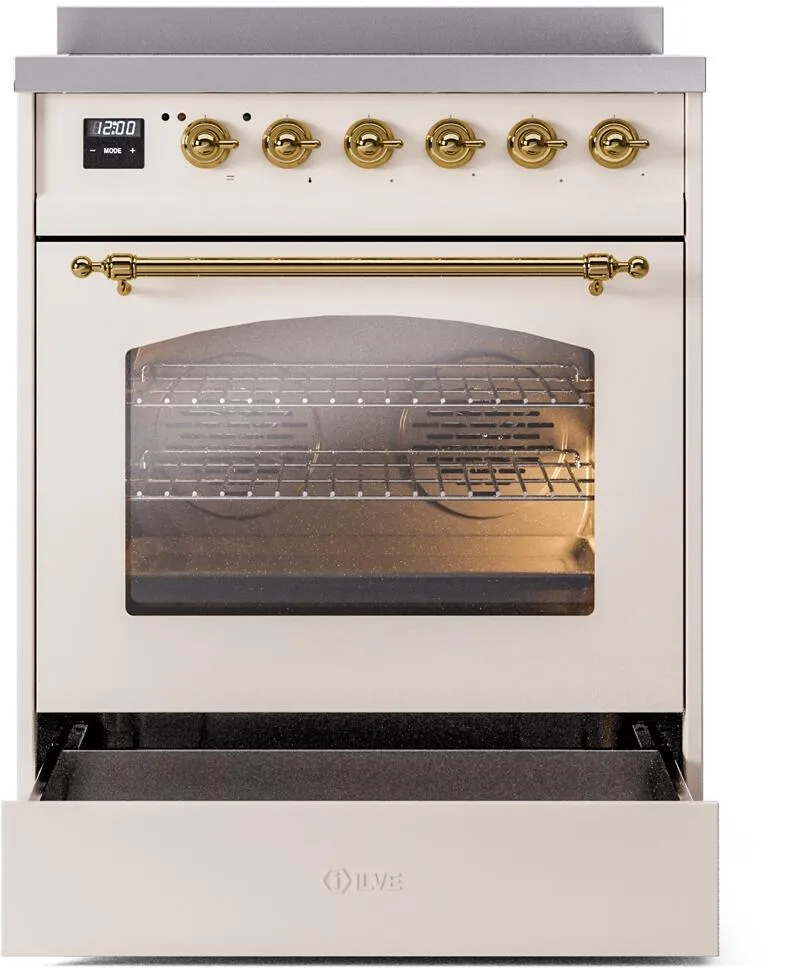 Ilve UPI304NMPAWG Nostalgie Ii 30 Inch Electric Freestanding Range In Antique White With Brass Trim