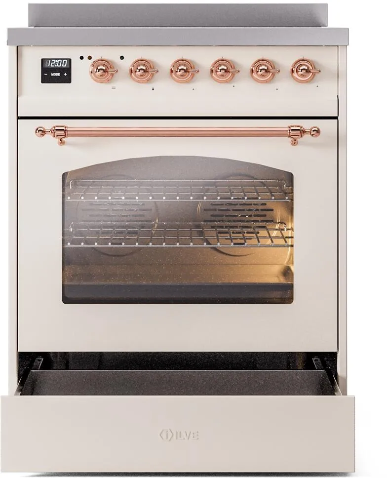 Ilve UPI304NMPAWP Nostalgie Ii 30 Inch Electric Freestanding Range In Antique White With Copper Trim