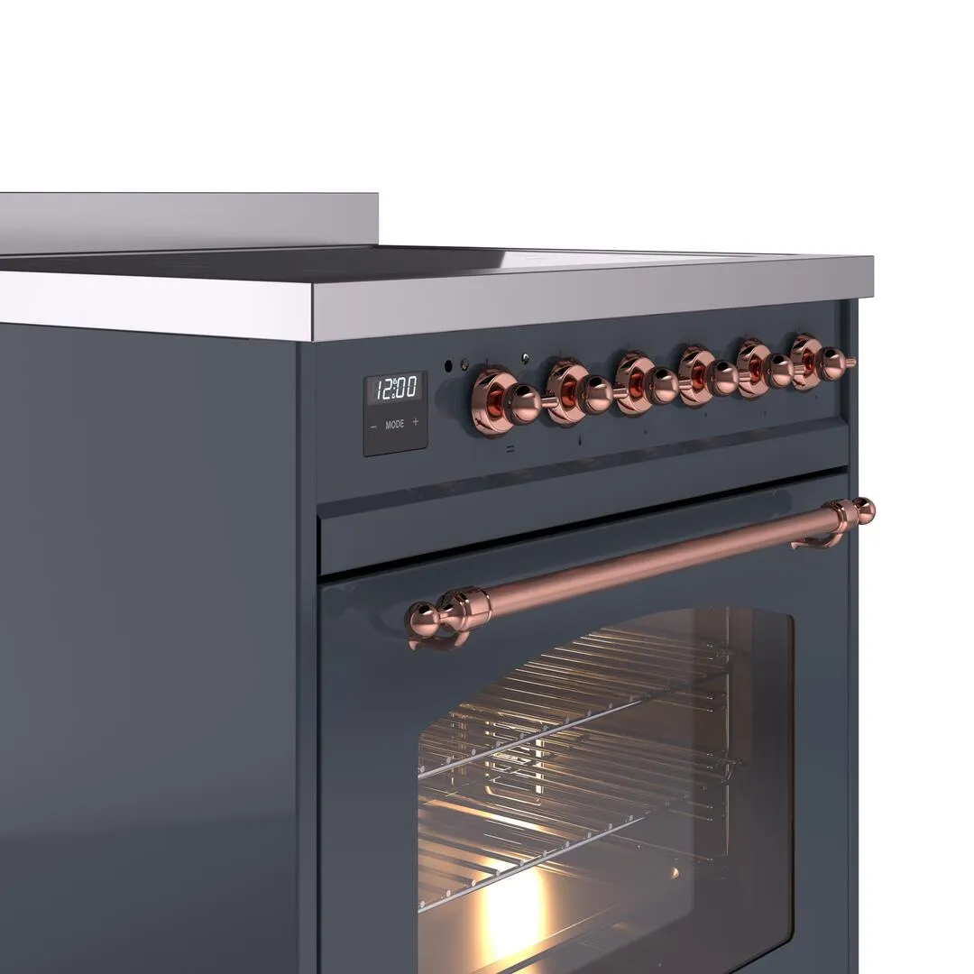 Ilve UPI304NMPBGP Nostalgie Ii 30 Inch Electric Freestanding Range In Blue Grey With Copper Trim