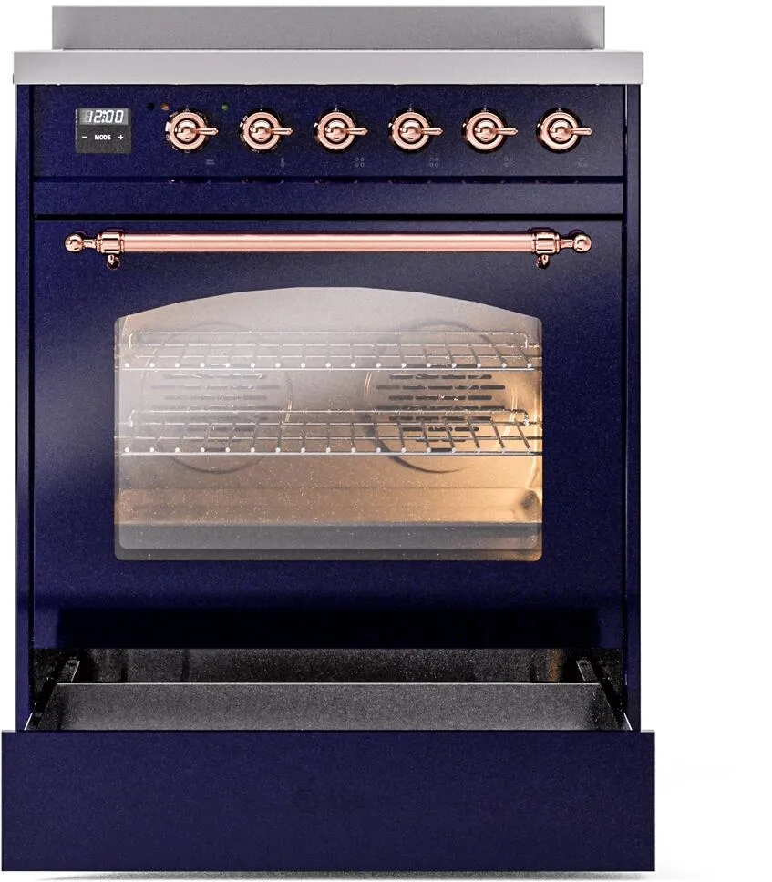 Ilve UPI304NMPMBP Nostalgie Ii 30 Inch Electric Freestanding Range In Blue With Copper Trim