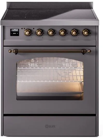 Ilve UPI304NMPMGB Nostalgie Ii 30 Inch Electric Freestanding Range In Matte Graphite With Bronze Trim