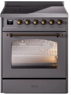 Ilve UPI304NMPMGB Nostalgie Ii 30 Inch Electric Freestanding Range In Matte Graphite With Bronze Trim