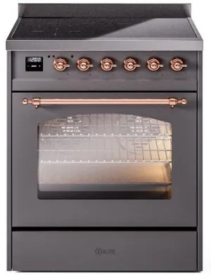 Ilve UPI304NMPMGP Nostalgie Ii 30 Inch Electric Freestanding Range In Matte Graphite With Copper Trim