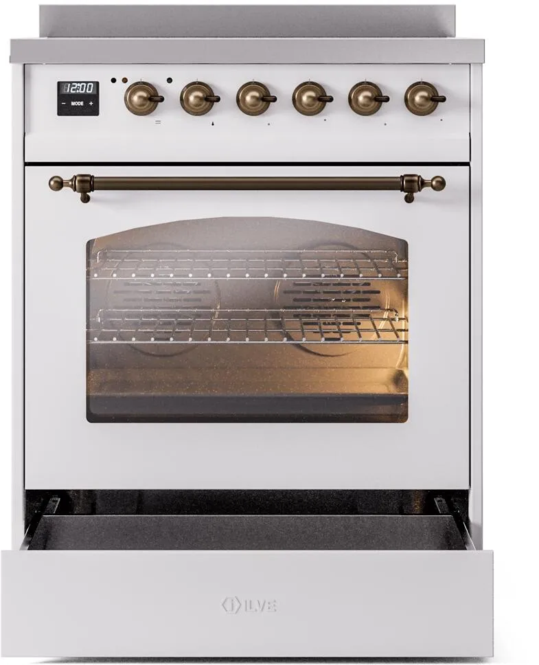 Ilve UPI304NMPWHB Nostalgie Ii 30 Inch Electric Freestanding Range In White With Bronze Trim