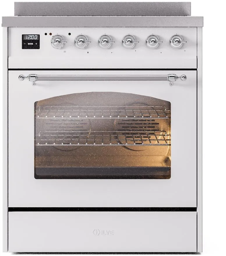 Ilve UPI304NMPWHC Nostalgie Ii 30 Inch Electric Freestanding Range In White With Chrome Trim