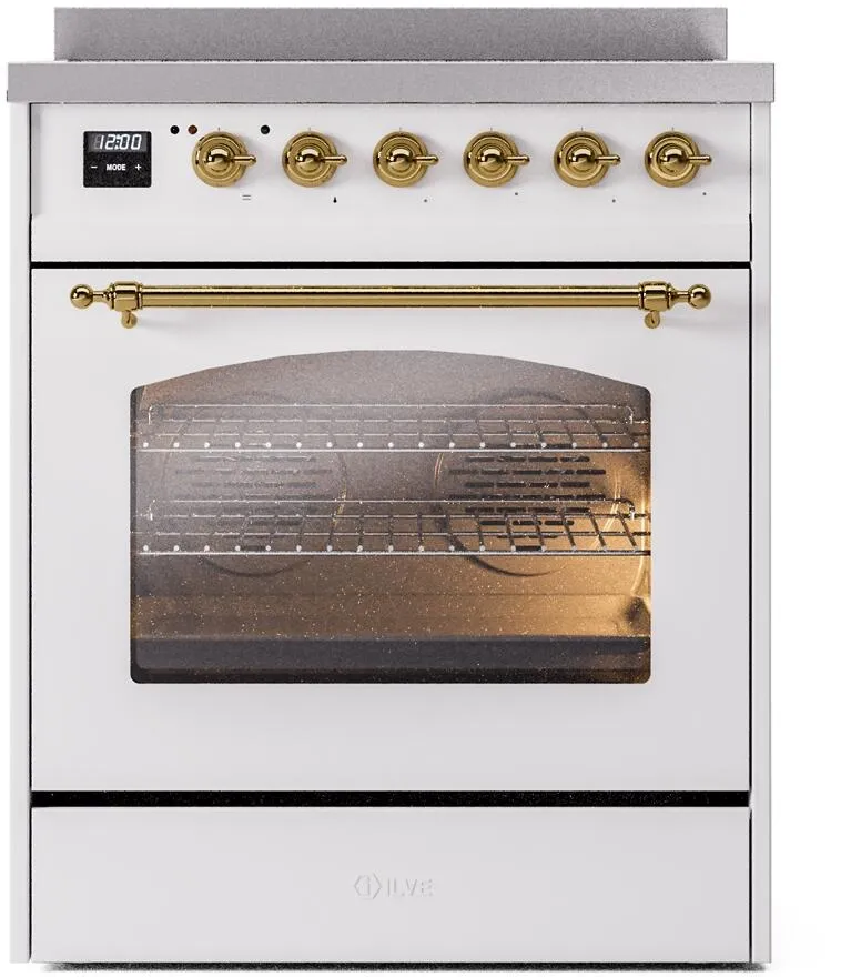 Ilve UPI304NMPWHG Nostalgie Ii 30 Inch Electric Freestanding Range In White With Brass Trim