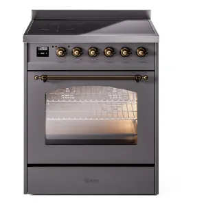 Ilve UPI304QNMPMGB Nostalgie Ii 30 Inch Electric Freestanding Range In Matte Graphite With Bronze Trim