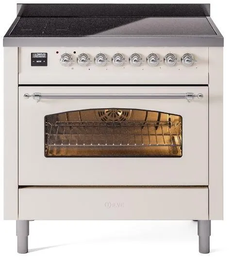 Ilve UPI366NMPAWC Nostalgie Ii 36 Inch Electric Freestanding Range In Antique White With Chrome Trim