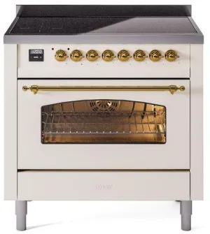 Ilve UPI366NMPAWG Nostalgie Ii 36 Inch Electric Freestanding Range In Antique White With Brass Trim