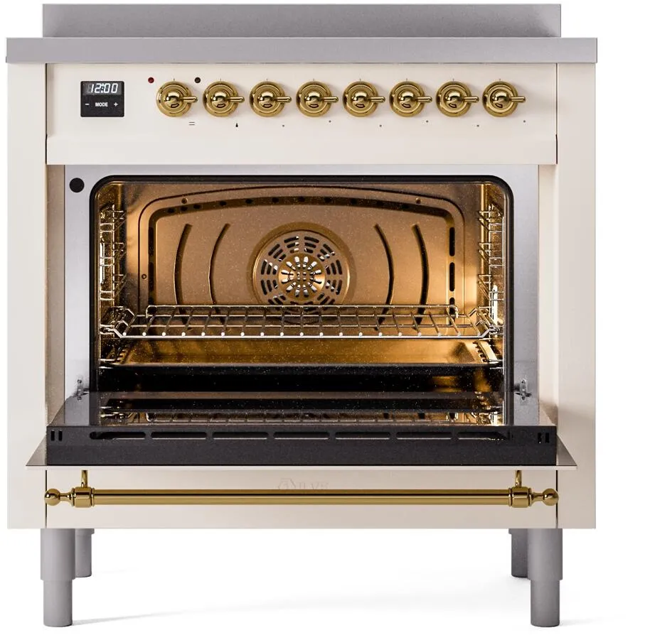 Ilve UPI366NMPAWG Nostalgie Ii 36 Inch Electric Freestanding Range In Antique White With Brass Trim
