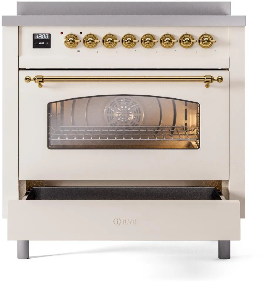 Ilve UPI366NMPAWG Nostalgie Ii 36 Inch Electric Freestanding Range In Antique White With Brass Trim