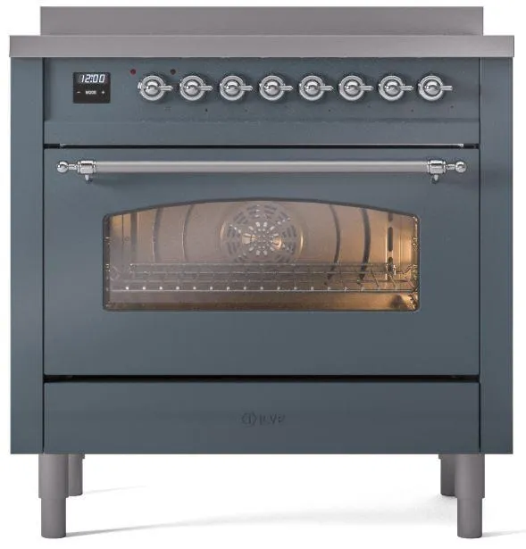 Ilve UPI366NMPBGC Nostalgie Ii 36 Inch Electric Freestanding Range In Blue Grey With Chrome Trim