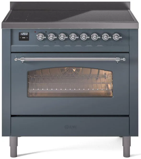 Ilve UPI366NMPBGC Nostalgie Ii 36 Inch Electric Freestanding Range In Blue Grey With Chrome Trim