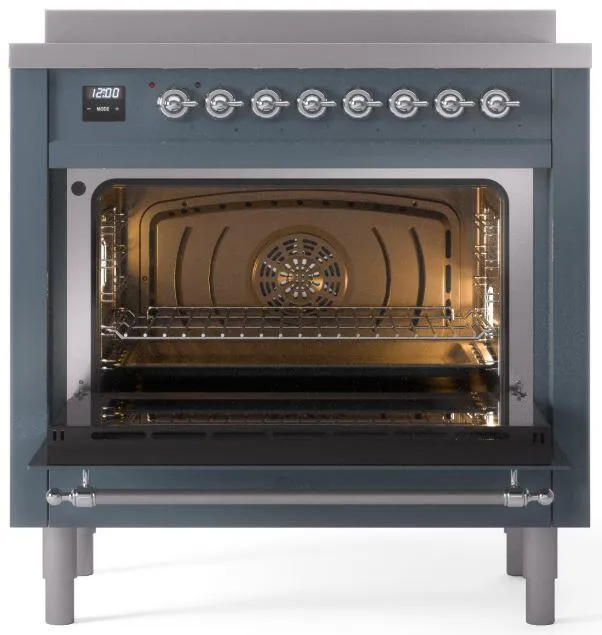 Ilve UPI366NMPBGC Nostalgie Ii 36 Inch Electric Freestanding Range In Blue Grey With Chrome Trim