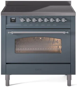 Ilve UPI366NMPBGC Nostalgie Ii 36 Inch Electric Freestanding Range In Blue Grey With Chrome Trim