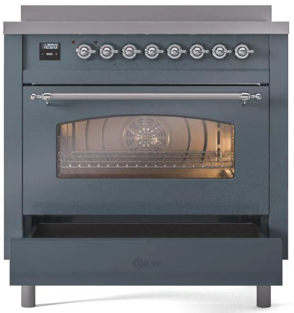Ilve UPI366NMPBGC Nostalgie Ii 36 Inch Electric Freestanding Range In Blue Grey With Chrome Trim