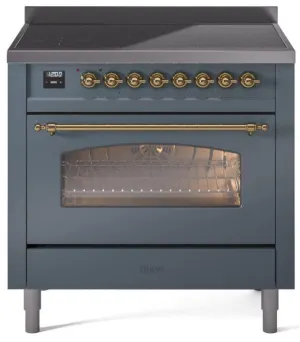 Ilve UPI366NMPBGG Nostalgie Ii 36 Inch Electric Freestanding Range In Blue Grey With Brass Trim