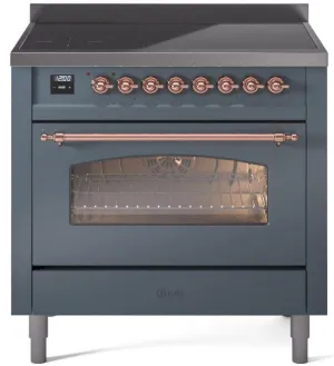 Ilve UPI366NMPBGP Nostalgie Ii 36 Inch Electric Freestanding Range In Blue Grey With Copper Trim