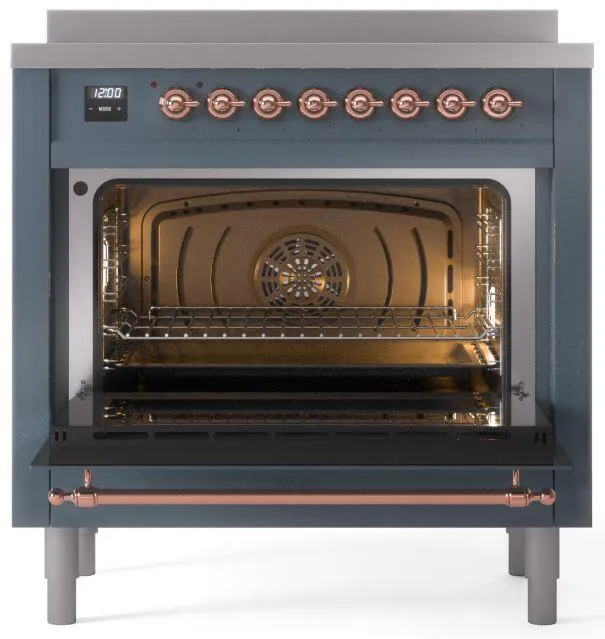 Ilve UPI366NMPBGP Nostalgie Ii 36 Inch Electric Freestanding Range In Blue Grey With Copper Trim