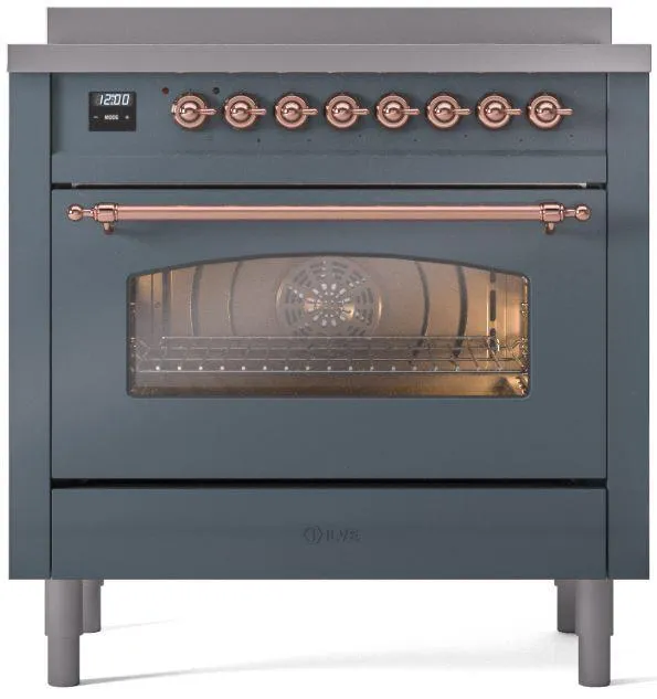 Ilve UPI366NMPBGP Nostalgie Ii 36 Inch Electric Freestanding Range In Blue Grey With Copper Trim