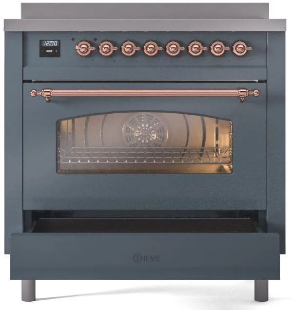 Ilve UPI366NMPBGP Nostalgie Ii 36 Inch Electric Freestanding Range In Blue Grey With Copper Trim