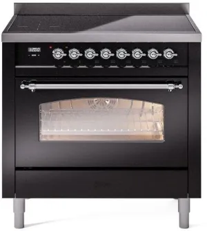 Ilve UPI366NMPBKC Nostalgie Ii 36 Inch Electric Freestanding Range In Glossy Black With Chrome Trim