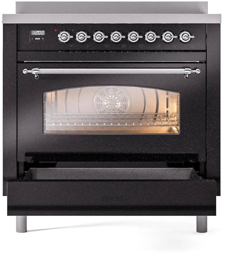 Ilve UPI366NMPBKC Nostalgie Ii 36 Inch Electric Freestanding Range In Glossy Black With Chrome Trim