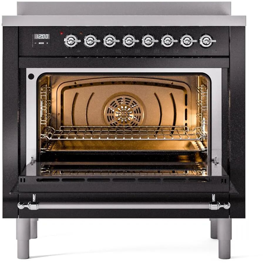 Ilve UPI366NMPBKC Nostalgie Ii 36 Inch Electric Freestanding Range In Glossy Black With Chrome Trim